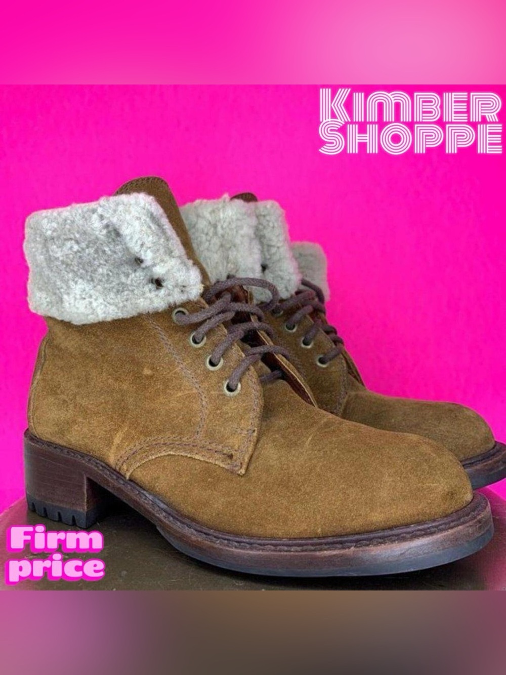 Cole Haan Country Brown Suede Shearling Cuff Lace-Up Boots US 8.5 UK 6 EU 39